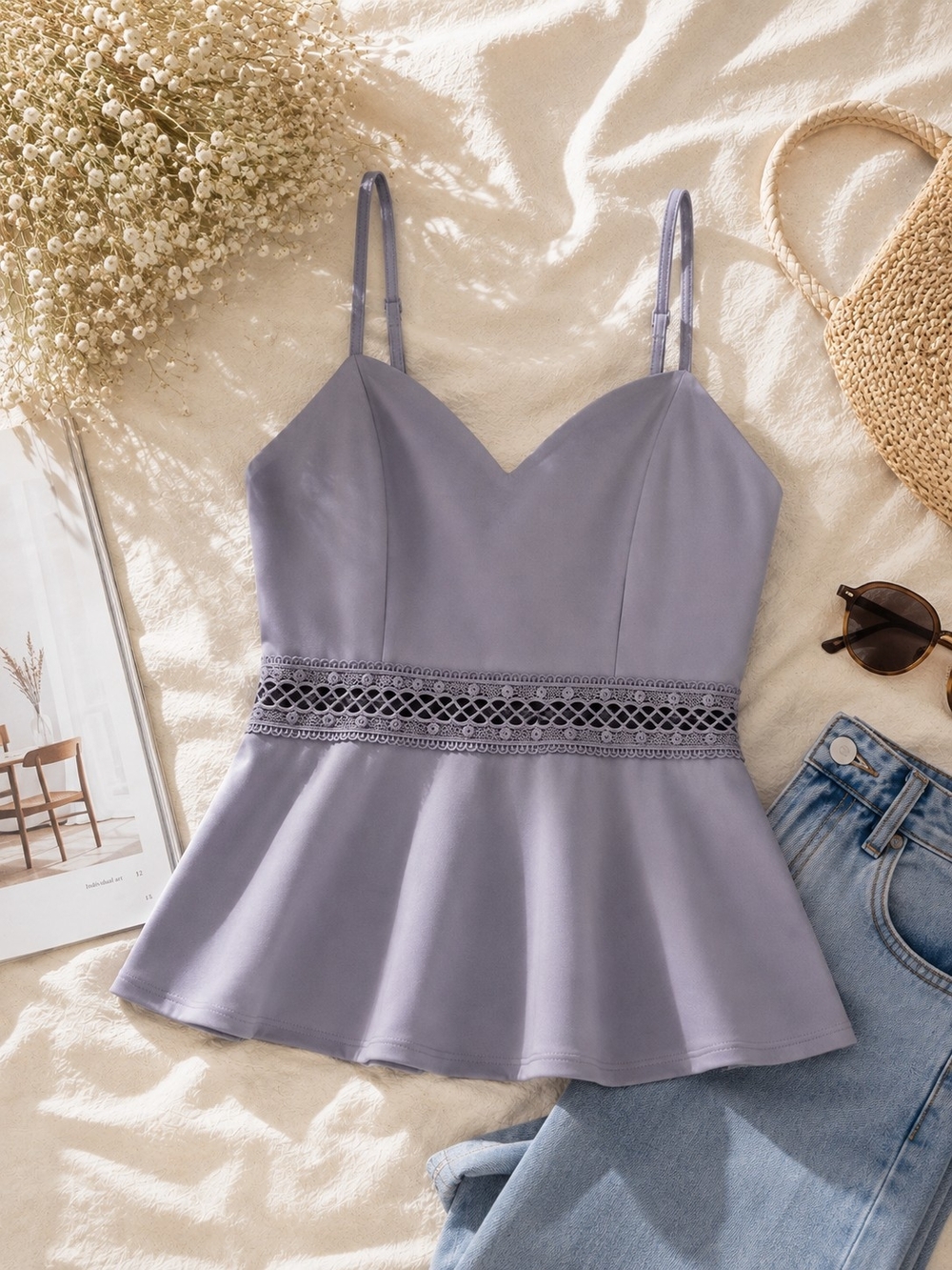 Lavender Peplum Cami with Lace Waist